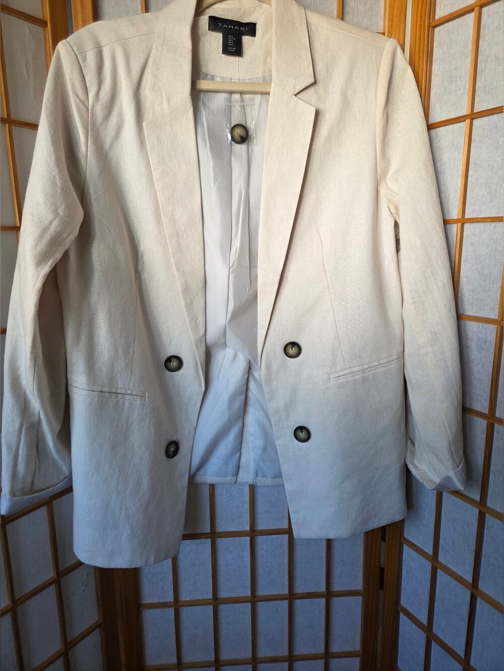 NWT WOMENS TAHARI BEIGE LINEN/VISCOSE MIX CARDIGAN STYLE BLAZER SIZE LARGE